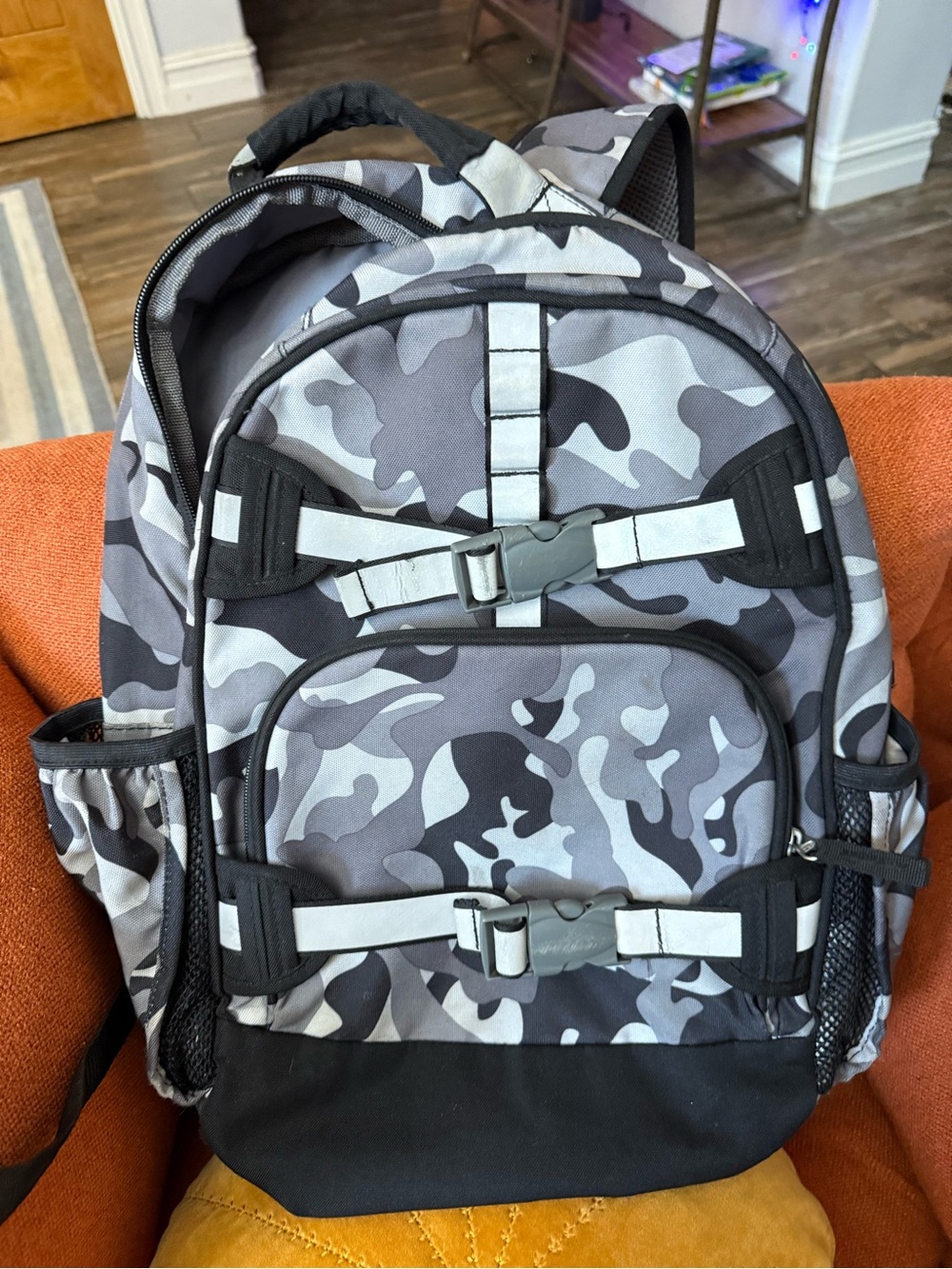 Pottery Barn Kids Grey Camo Backpack with Reflective Straps